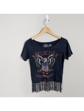VTG Y2K Affliction Women’s Graphic Tee Grunge Metal Fringe USA Rhinestone Medium